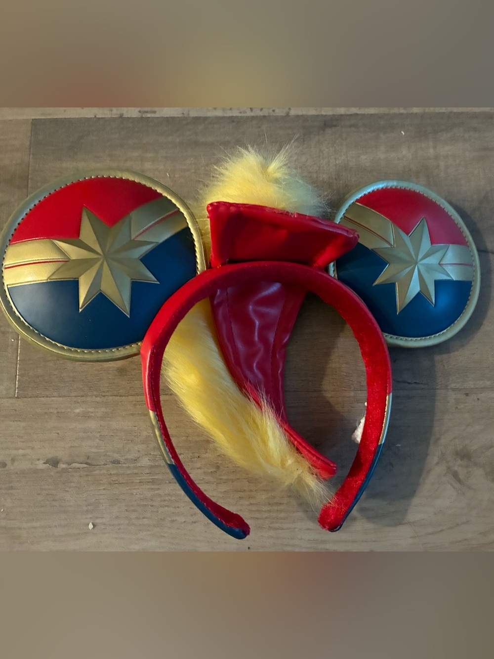 Disney Captain Marvel Mickey Ear Headband in Red, Blue & Gold with Yellow Plume